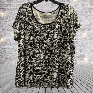 Cato Womens 22/24W Black Cream Tiered Blouse Scoop Neck Short Sleeve